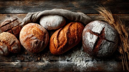 Freshly baked artisan breads with whole grain ingredients on wooden surface, healthy carbohydrate cuisine