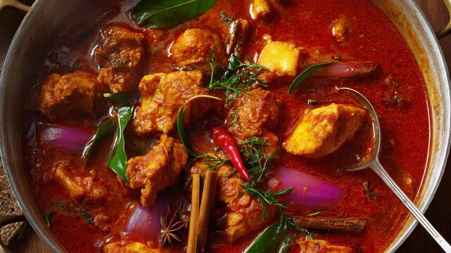 Delicious Aromatic Chicken Curry Dish in a Pan Top View Close Up