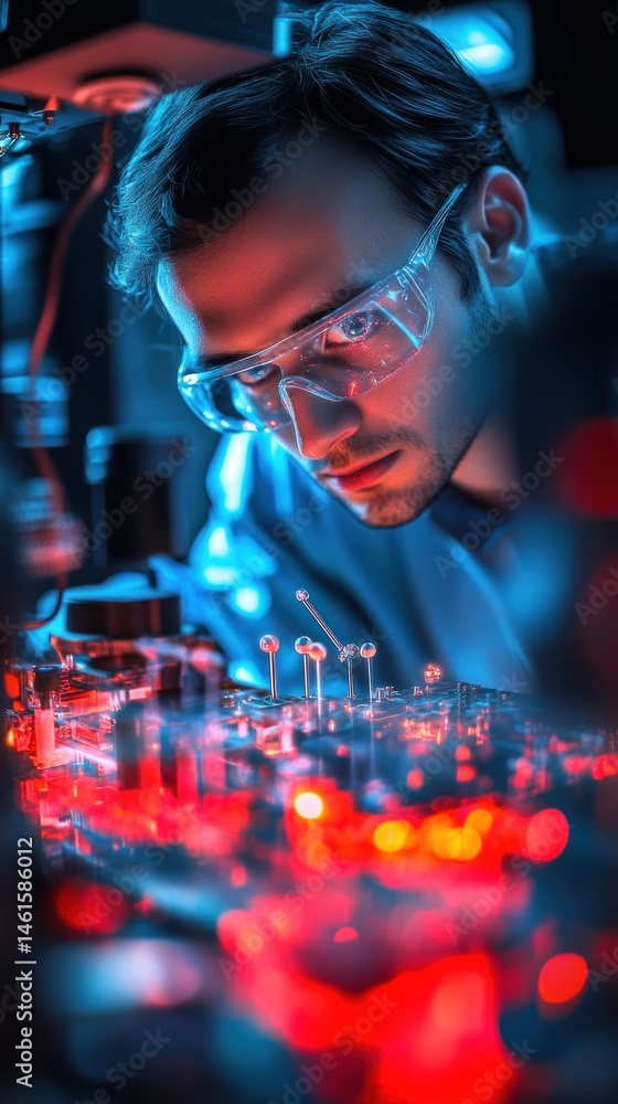 Poster focused scientist examining illuminated circuit board in lab.