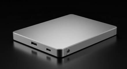 Fototapeta premium Silver external hard drive resting on a dark surface. Modern storage device angled, showcasing its sleek design and connectivity ports.