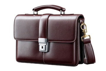 Elegant leather briefcase with a structured design and metal clasp. Png, Transparent background.