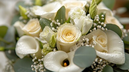 Elegant bridal bouquet of cream roses, calla lilies, and eucalyptus