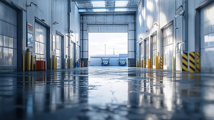 Spacious warehouse interior with wet floor and loading dock bathed in daylight and clean vibes