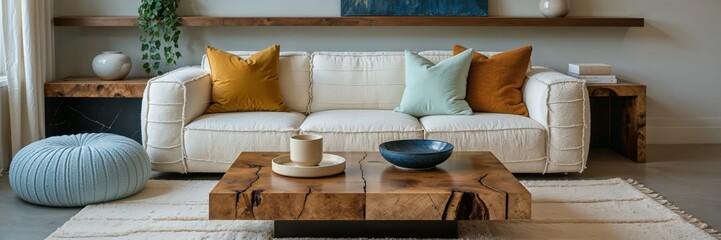 Generative AI, Modern Studio Living Room with Boucle Sofa and Walnut Table