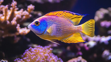 Obraz premium A vibrant tropical fish with blue, yellow, and purple hues swims in a colorful coral reef aquarium.