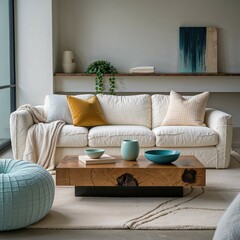 Generative AI, Modern Studio Living Room with Boucle Sofa and Walnut Table