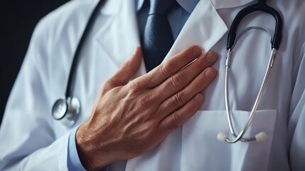 A doctor places a hand over their heart, wearing a white coat and stethoscope, symbolizing dedication and care in the medical profession.