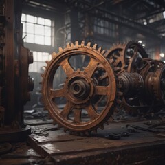 Rusting gears grind in a dimly lit, forgotten factory ,  rusty pipes,  grime,  grunge