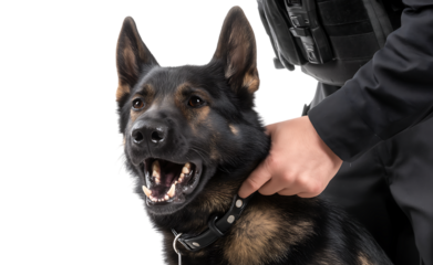 A photograph of an aggressive dog barking and showing its teeth, while a police officer's hand touches the collar on its neck against an isolated white background
