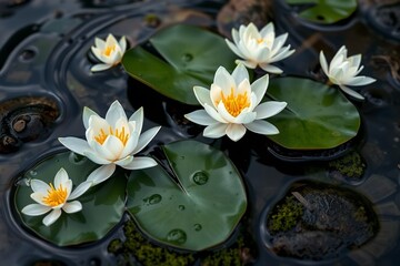 White Water Lilies on Dark Stones with Water Drops.
