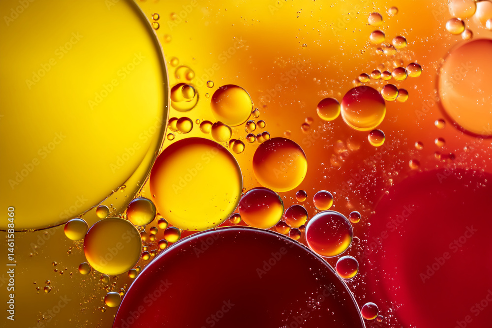 Poster Abstract image of red and yellow oil bubbles in water, creating a vibrant and dynamic composition, showcasing a blend of colors and textures, ideal for design backgrounds