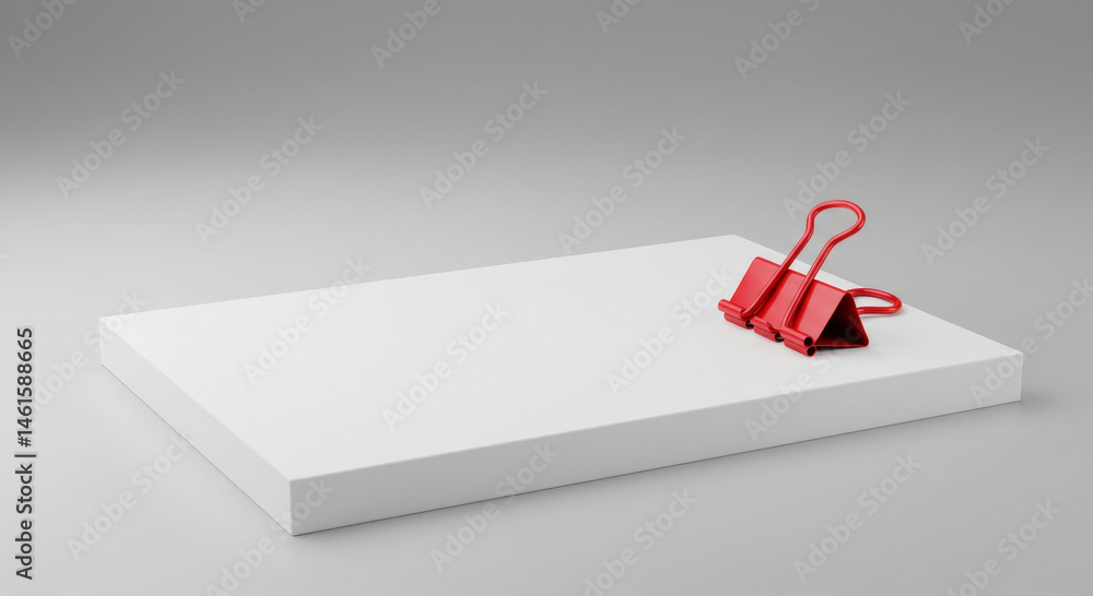 Poster red paperclip on a white presentation platform in a minimalist setting. isolated stationery object f