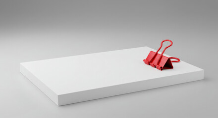 Red paperclip on a white presentation platform in a minimalist setting. Isolated stationery object for office supplies or design inspiration.