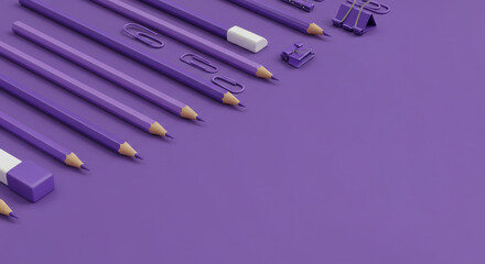 Purple stationery supplies arranged on a solid purple background. A variety of school supplies including pencils, erasers, and paper clips are organized in a geometric design.