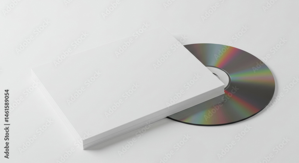 Poster blank white paper sheets stacked on top of a cd on a white surface. a blank template for showcasing 