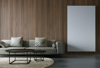 The minimal living room interior design empty canvas frame on wall background and cozy leather brown sofa decoration. 3D rendering.