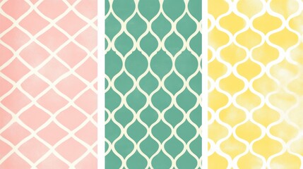 Three pastel watercolor seamless patterns with geometric lattice design in pink, teal, and yellow.