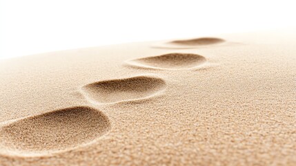 Obraz premium Four footprints in smooth sand curve away into a bright horizon, suggesting travel or exploration.