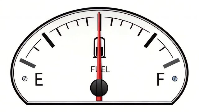 Fuel gauge meter needle near empty and full illustrating economy stagnation and fuel consumption balance between empty and full levels