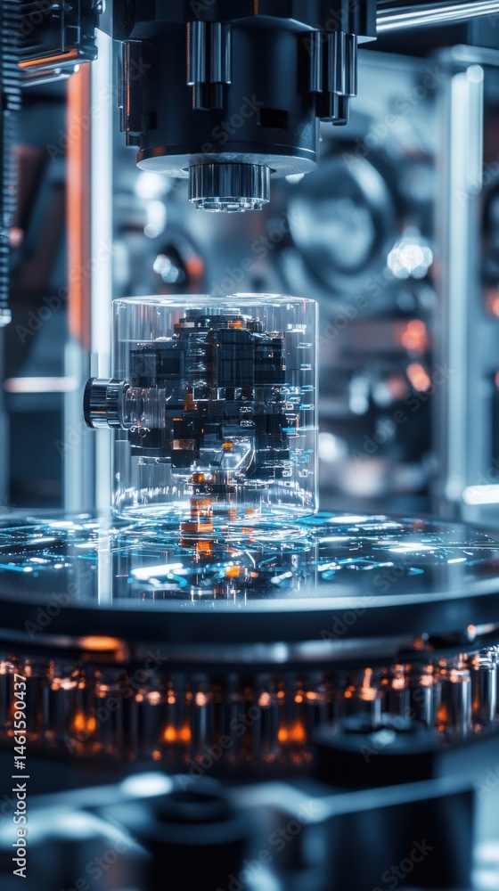 Poster close-up of a robotic arm assembling a microchip in a transparent casing on a rotating platform.