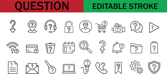  Editable Question Icons – Outline Style Symbols for Help, Support, Info, Queries, Customer Service, FAQ UI, Contact Options, Knowledge Base, and Interactive Digital Interface Designs.