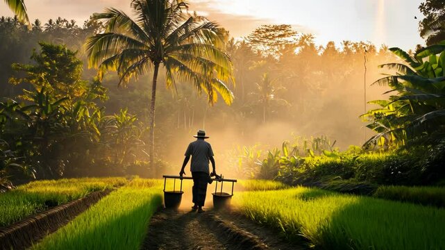 Sunrise farm worker carrying baskets through lush rice paddies