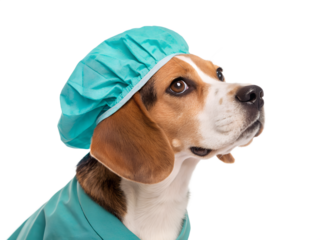 Beagle in surgical cap and gown ready for veterinary care