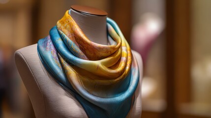 A stylish silk scarf draped on a mannequin A vibrant, multicolored scarf draped elegantly on a mannequin, showcasing its exceptional fabric and design in a stylish boutique setting.