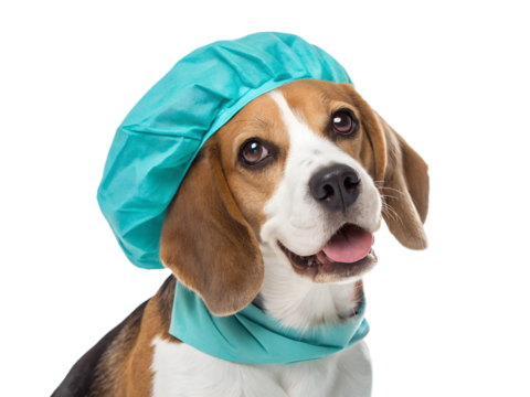 Beagle wearing a turquoise hat and scarf with a joyful expression