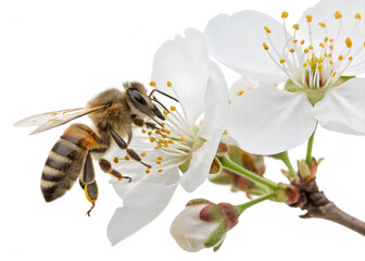 Bee collecting pollen from white cherry blossoms during spring