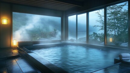 Fototapeta premium A serene indoor hot spring bath with large windows overlooking misty mountains and lush nature.