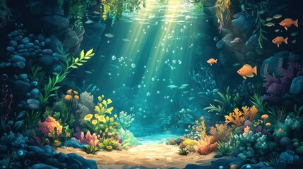 Fototapeta premium Sunbeams illuminate vibrant underwater scene with coral, fish, and plants.