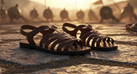 Ancient Sandals on a Battlefield at Sunset