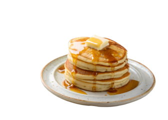 Stack of fluffy pancakes with syrup and butter arranged on a plate