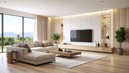 Fototapeta premium Contemporary room with large sectional sofa, lcd tv panel, neutral tones, and modern decor accents 