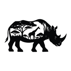 Fototapeta premium Rhino Forest Nature vector, Animal forest scene illustration, Jungle Animals silhouette design 