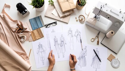 Fashion Design desk with sketch and accessories top view