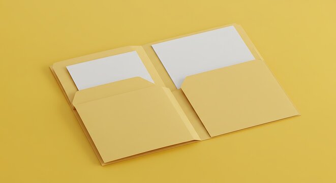 Open document folder displaying sheets of paper on sunny yellow background