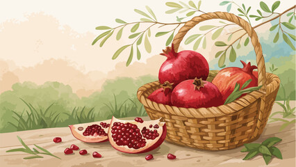 Pomegranate in basket with Pomegranate slice in natural background, Pomegranate vector design