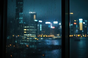 Fototapeta premium Rainy night cityscape view through a window with water droplets on the glass