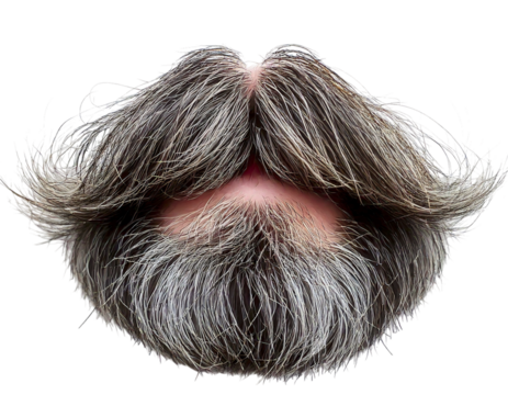 Dramatic closeup of a full, saltandpepper beard and mustache. The textured hair, meticulously detailed, creates a powerful visual statement. Perfect for concepts of aging, masculinity, or strength.