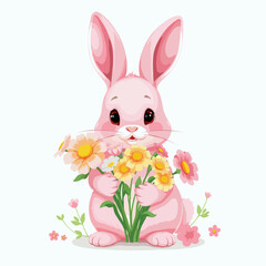 easter bunny with beautiful flowers on white background
