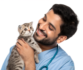 Caring veterinarian holding a playful kitten with joy and affection