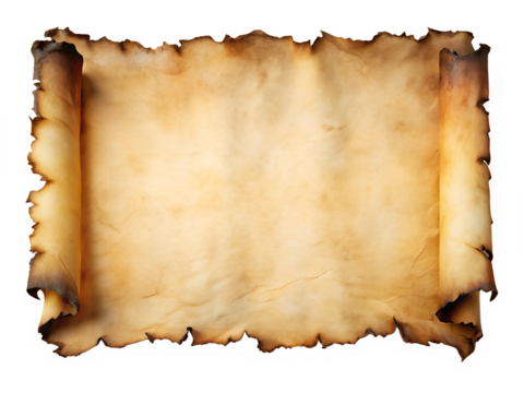 old paper with burnt edges isolated on white background. PNG Transparent.