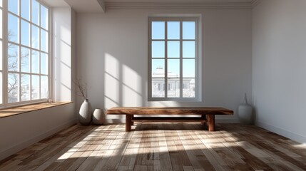 Obraz premium Light-filled empty room with wooden floor and top view table for copy space, minimal 3D rendering