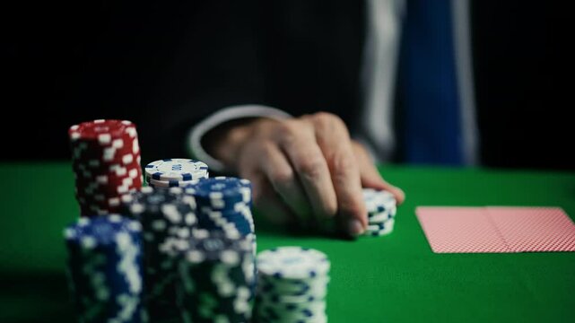 Man pushing poker chips forward, raising bet during high-stakes poker game