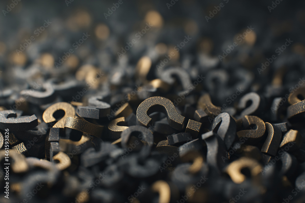 Aufkleber Close-up of many dark and gold question marks, creating textured, dense surface symbolizing uncertainty, inquiry, or search for answers. Suitable for websites or presentations on problem-solving.