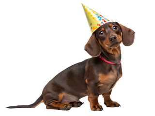 Dachshund wearing party hat celebrates a special occasion