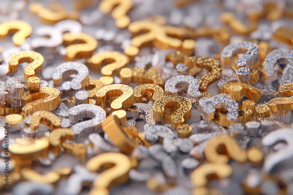 Poster Close-up of numerous gold and silver question marks, textured surface, creating a dense, inquisitive visual, symbolizing uncertainty, inquiry, or problem-solving