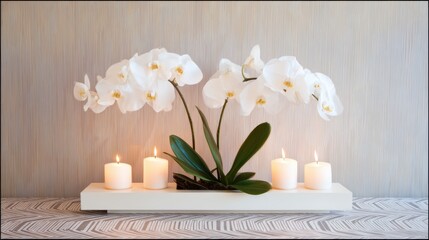 Elegant white orchids arranged with candles on a decorative table, creating a serene atmosphere